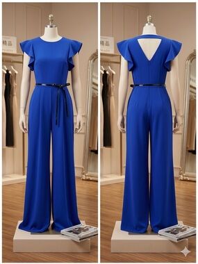 Elegant Royal Blue Wide-Leg Jumpsuit with Flutter Sleeves